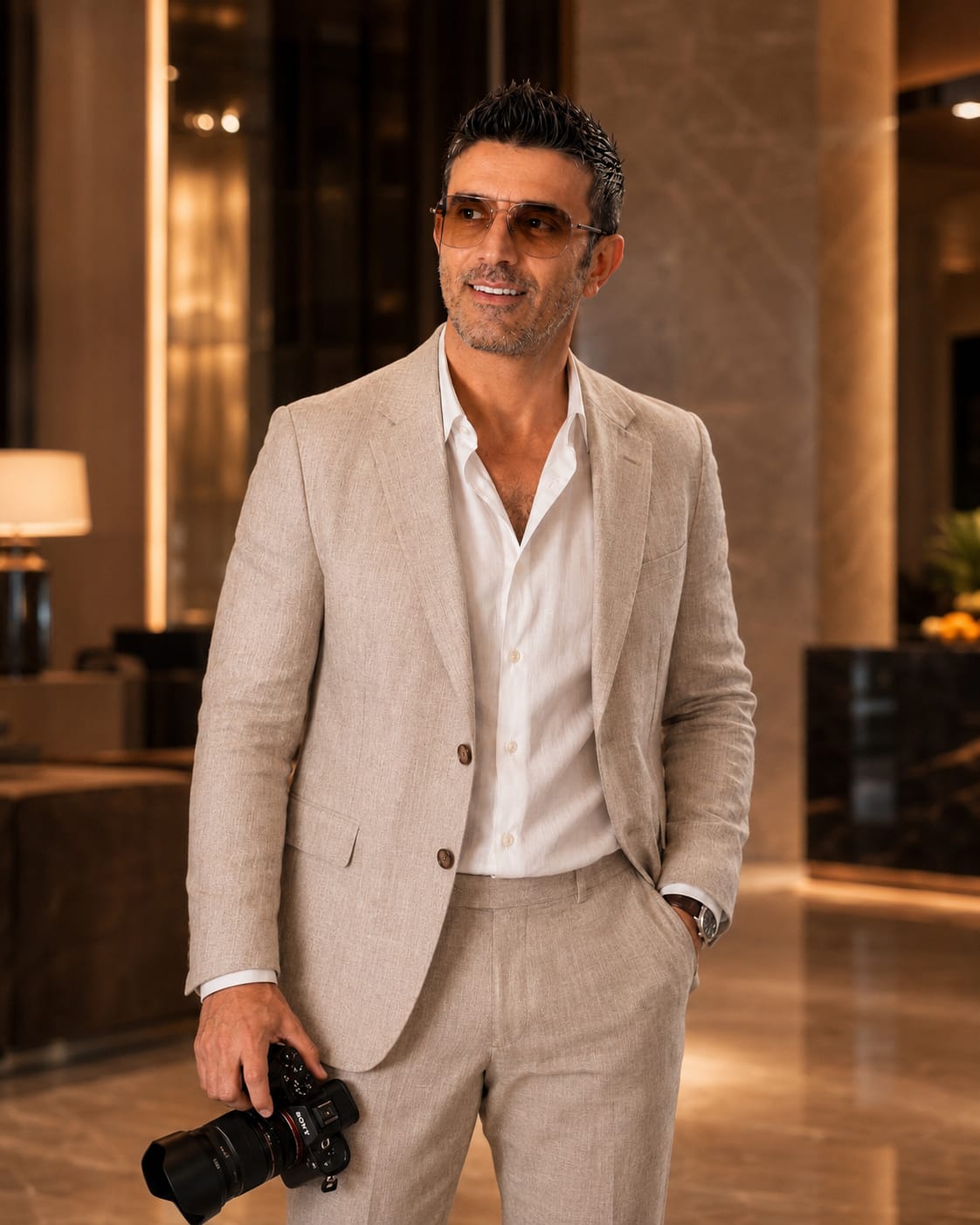 Simo Ahmadi standing with a professional camera in a hotel event setting