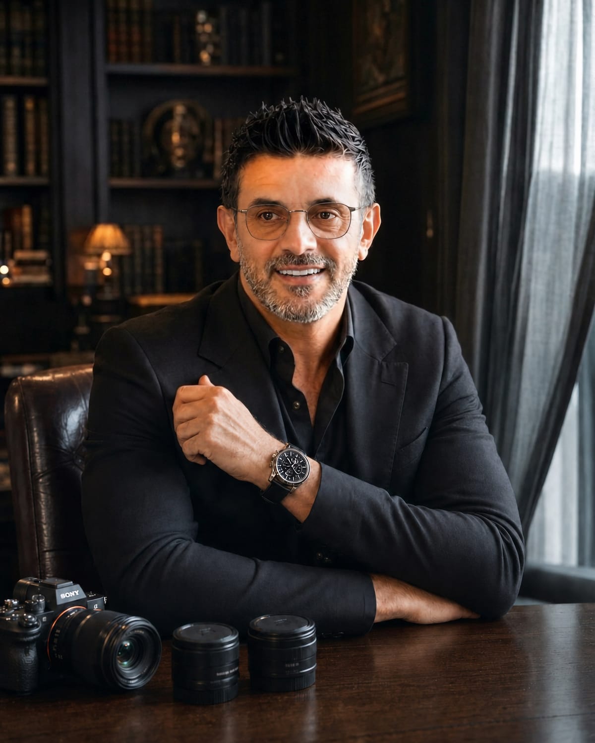 Simo Ahmadi seated at a table with professional camera equipment