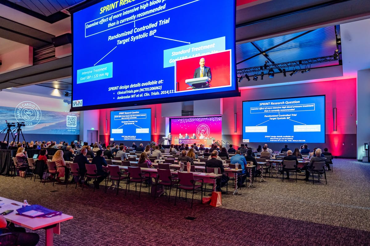 Full audience watching a clinical presentation at the 2026 Naples Cardiovascular Summit